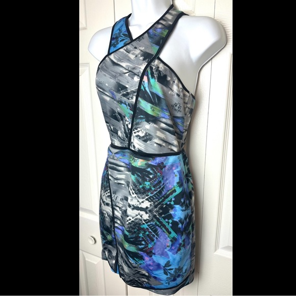 PARKER Tobias Halter Mini Dress Scuba Wrap Cut Out Blue Black Geometric Geo - Picture 3 of 11